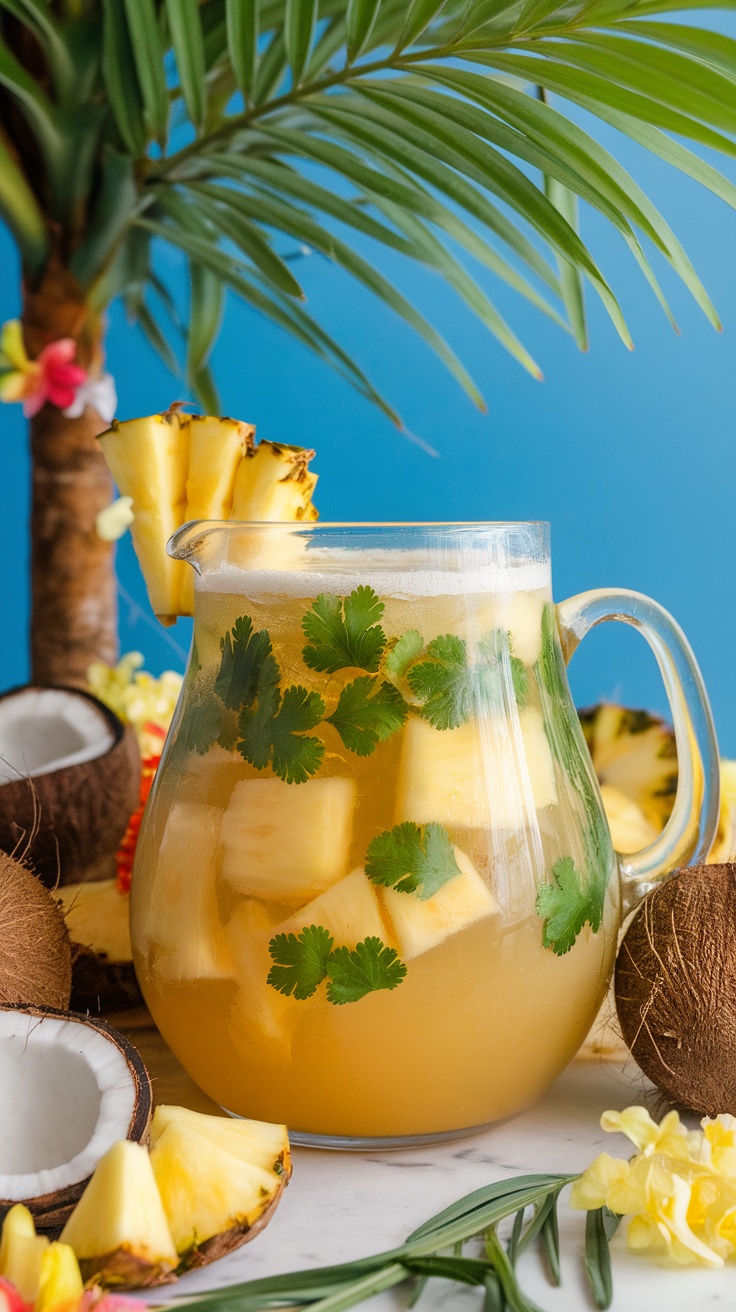 A vibrant pitcher of Pineapple Cilantro Punch Mocktail with pineapple chunks and cilantro leaves, surrounded by tropical decorations.