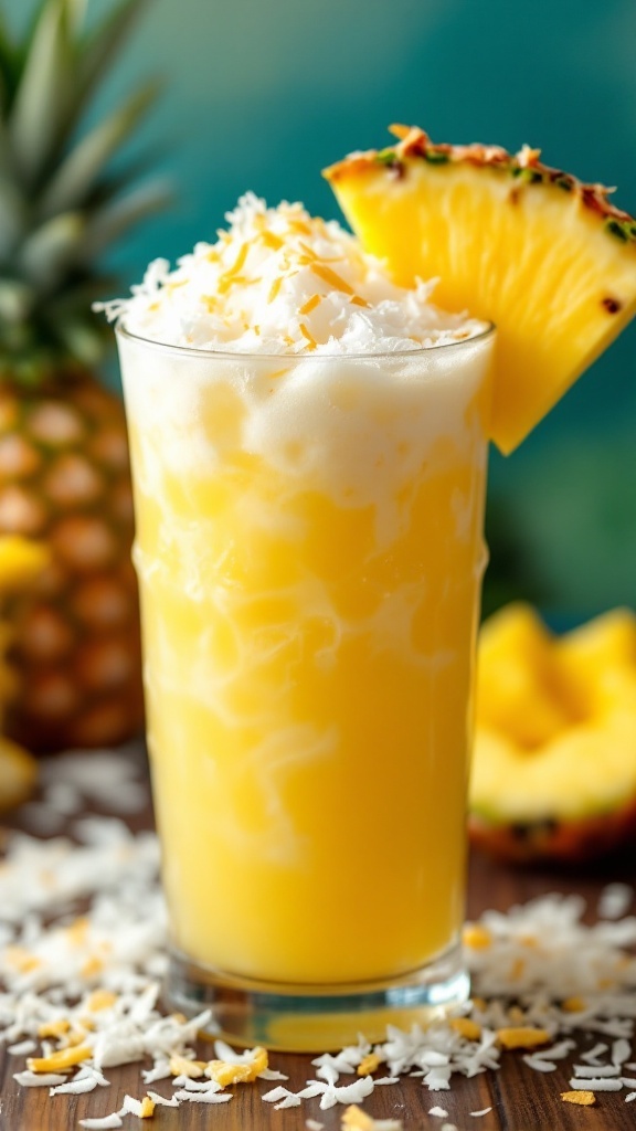 A refreshing Pineapple Coconut Cooler Mocktail topped with coconut flakes and a slice of pineapple.
