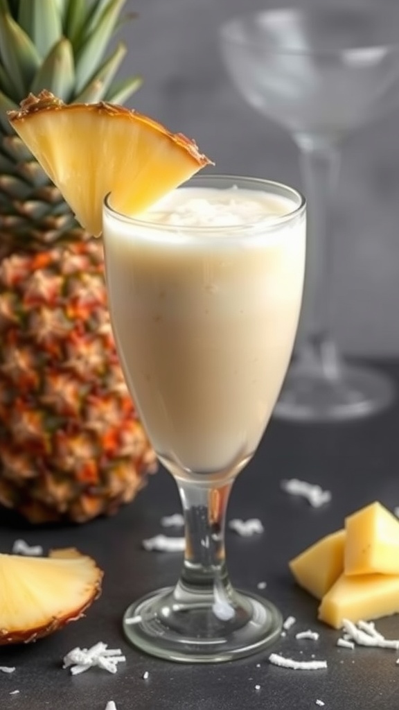 A refreshing Pineapple Coconut Fizz Mocktail in a glass with a slice of pineapple on the rim.