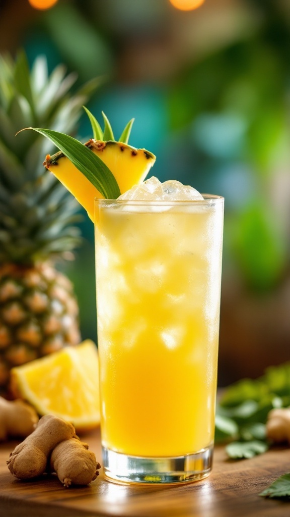 A refreshing Pineapple Ginger Sparkler Mocktail garnished with pineapple leaves and served in a clear glass.