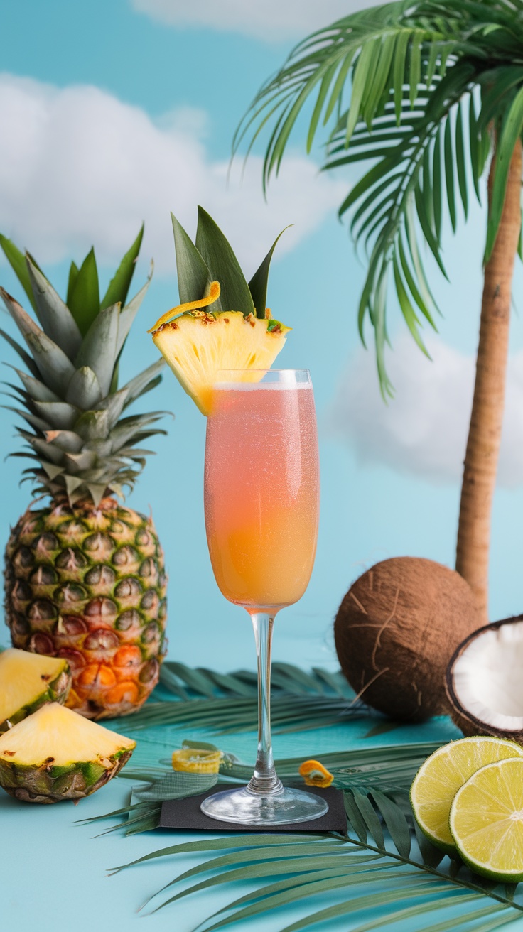 A refreshing pineapple lime spritz mocktail garnished with a slice of pineapple, surrounded by tropical fruits and palm leaves.