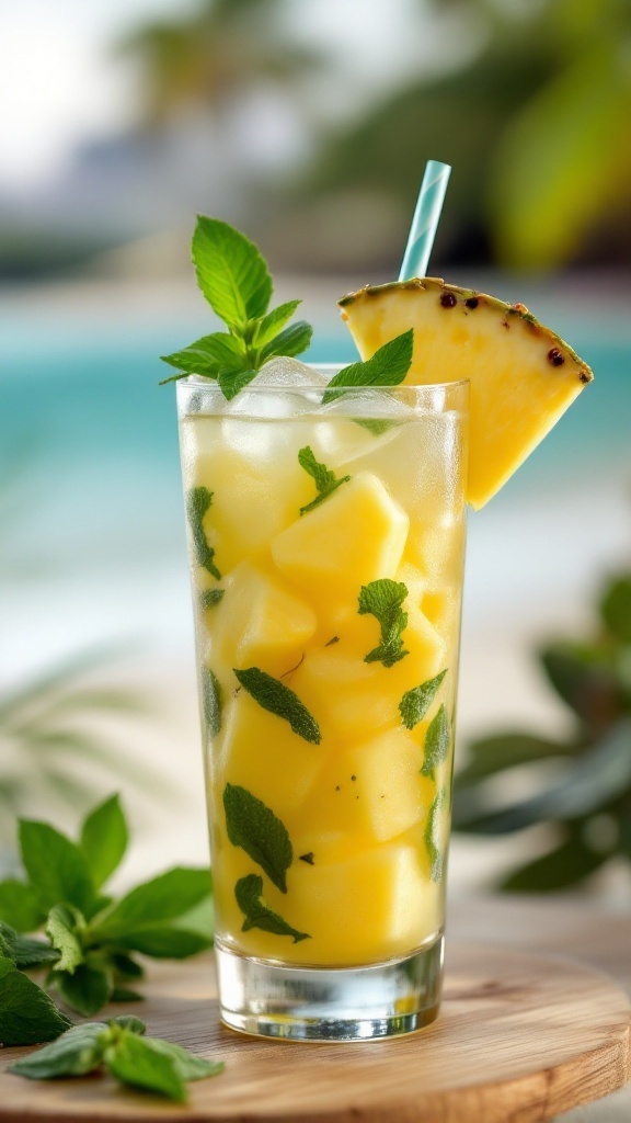 Pineapple Mint Mojito Mocktail in a glass with mint leaves and pineapple slice