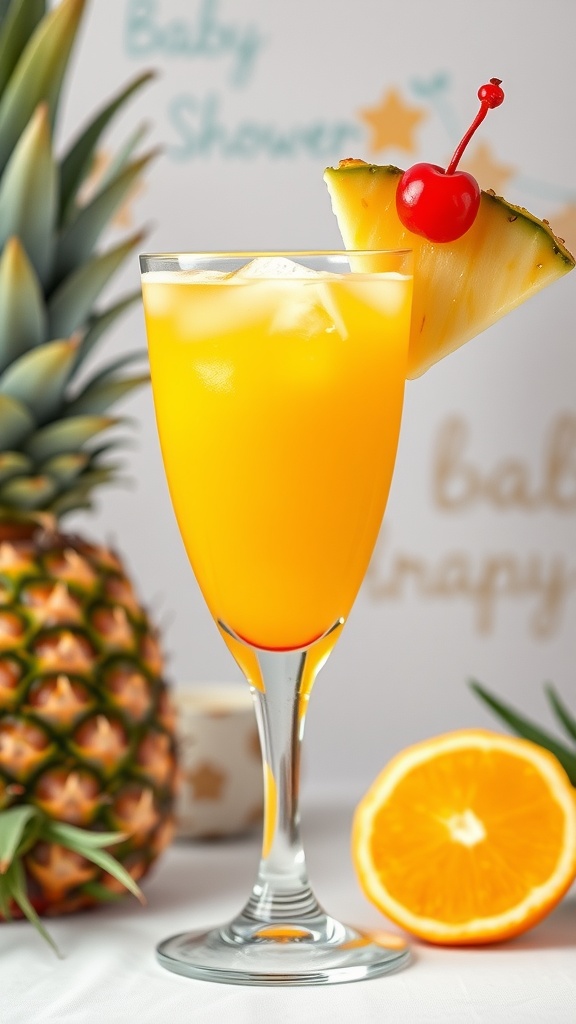 A vibrant pineapple orange sunrise mocktail garnished with a slice of orange