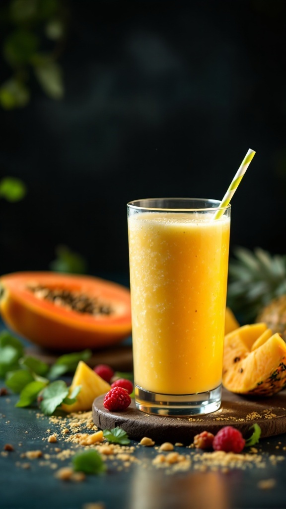 A refreshing glass of Pineapple Papaya Enzyme Booster Juice with a colorful background of fresh fruits.