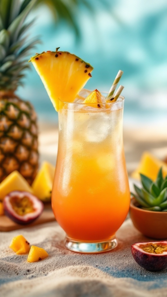 A vibrant pineapple and passion fruit mocktail garnished with a pineapple slice and a straw, surrounded by fresh fruit.