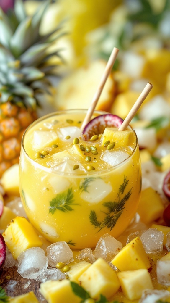 A refreshing Pineapple Passionfruit Punch Mocktail served in a glass with ice and garnished with fruit.
