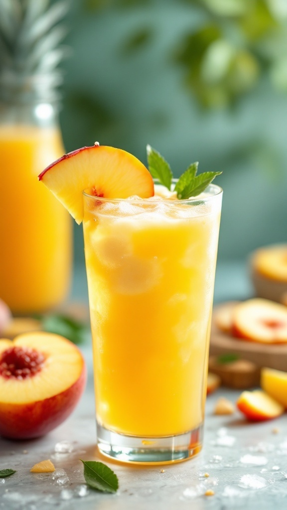 A refreshing Pineapple Peach Slush Mocktail in a glass with a peach slice and mint