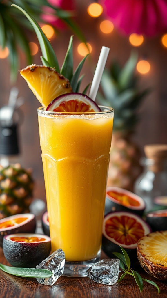 A colorful Pineapple Pink Passion Mocktail garnished with pineapple and passion fruit slices, set against a festive background.
