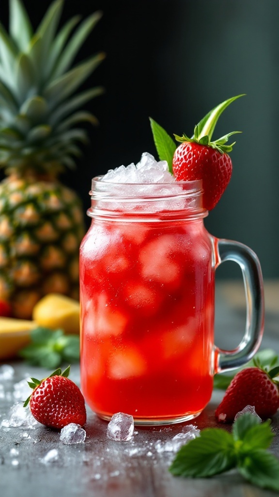 A vibrant pineapple strawberry mocktail in a glass jar with ice, garnished with fresh strawberries and mint, with a pineapple in the background.