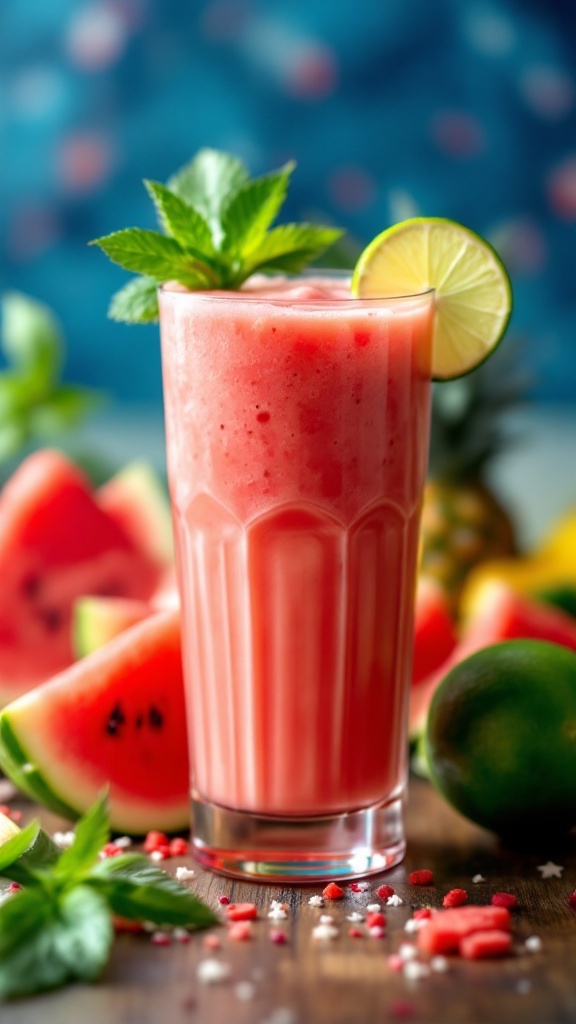 A refreshing Pineapple Watermelon Mocktail served in a tall glass with mint and lime garnish.
