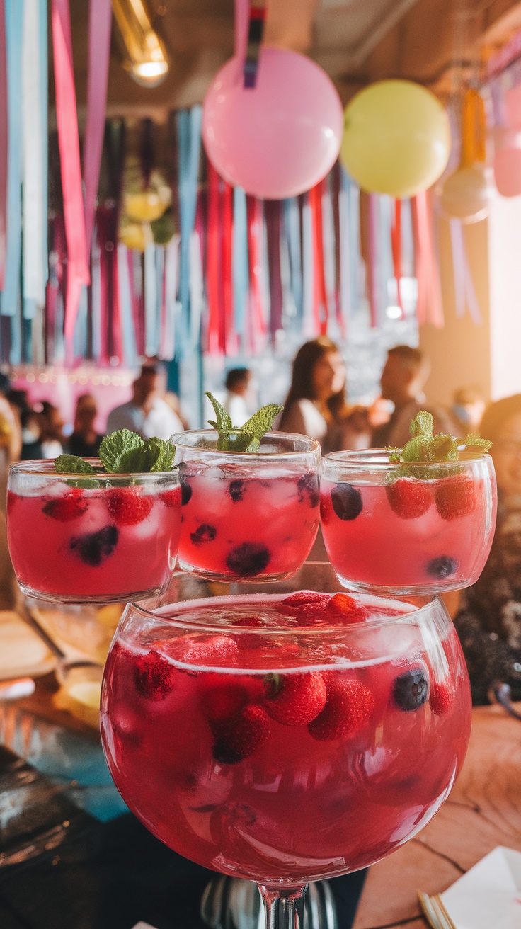 Colorful mocktail drinks with berries and mint in a festive setting