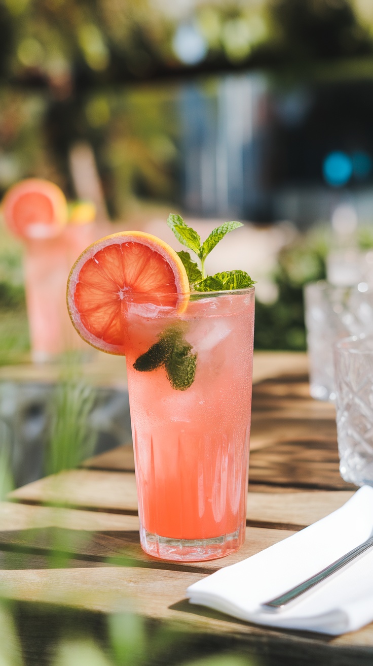 A refreshing pink grapefruit lemonade mocktail garnished with mint leaves and a slice of grapefruit, served in a glass.