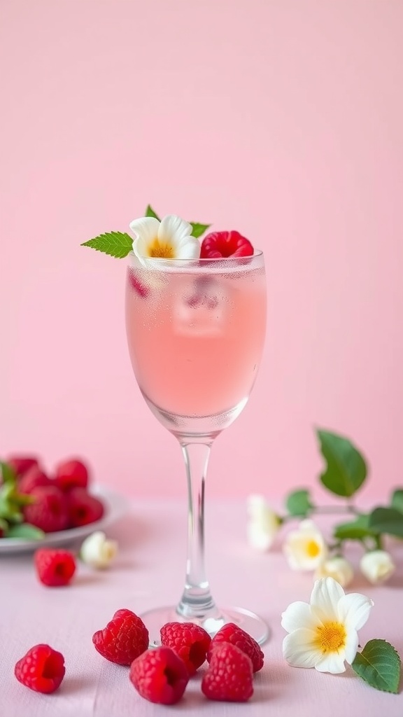 A pink mocktail garnished with raspberries and flowers in a glass