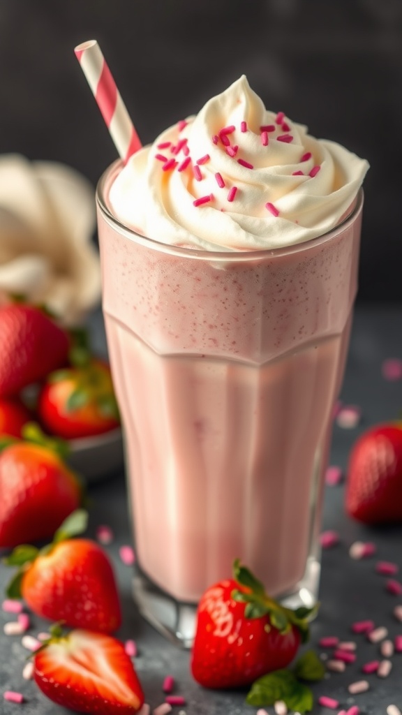 A delicious pink velvet birthday mocktail topped with whipped cream and sprinkles.