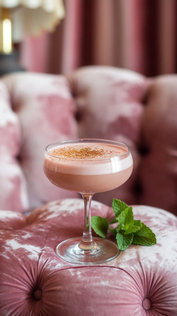 A Pink Velvet Mocktail served in a classy glass with mint garnish on a plush pink background.