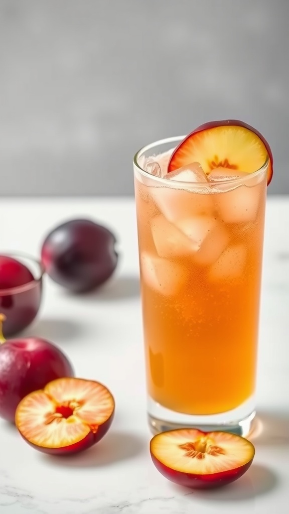 A refreshing Plum Ginger Revival Mocktail with ice and a slice of plum on top.