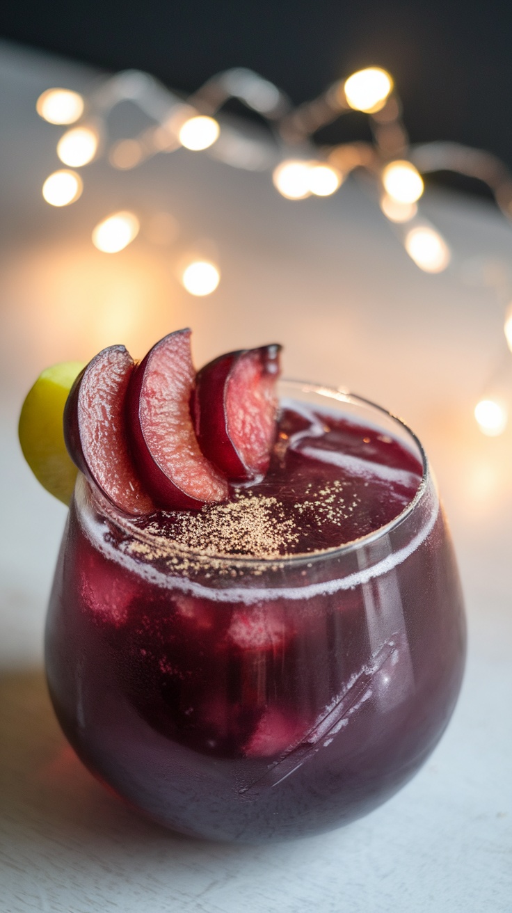 A spiced plum mocktail garnished with plum slices and a lime wedge, with festive lights in the background.