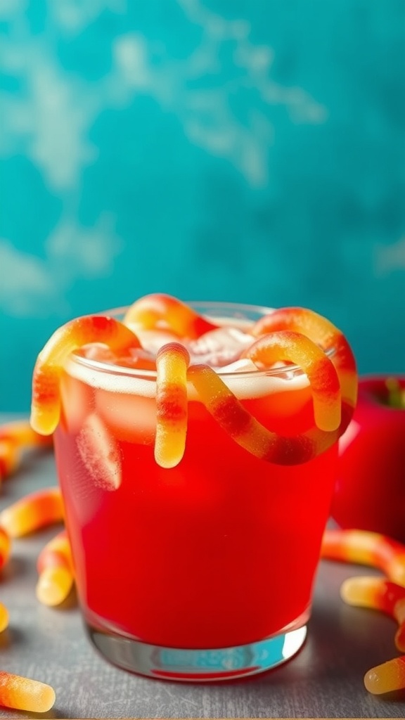A vibrant red Poison Apple Mocktail garnished with gummy worms.