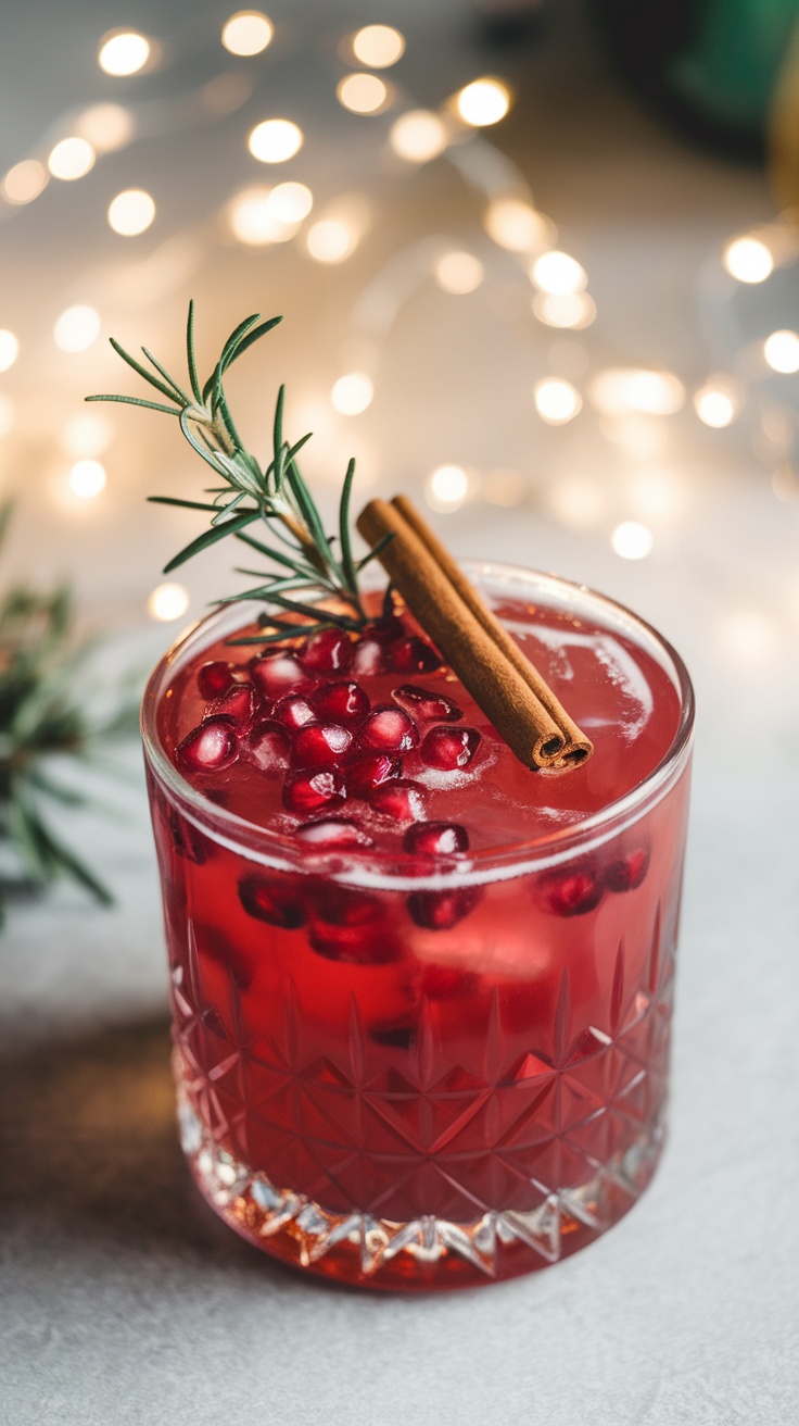 A festive mulled pomegranate mocktail garnished with rosemary and cinnamon.