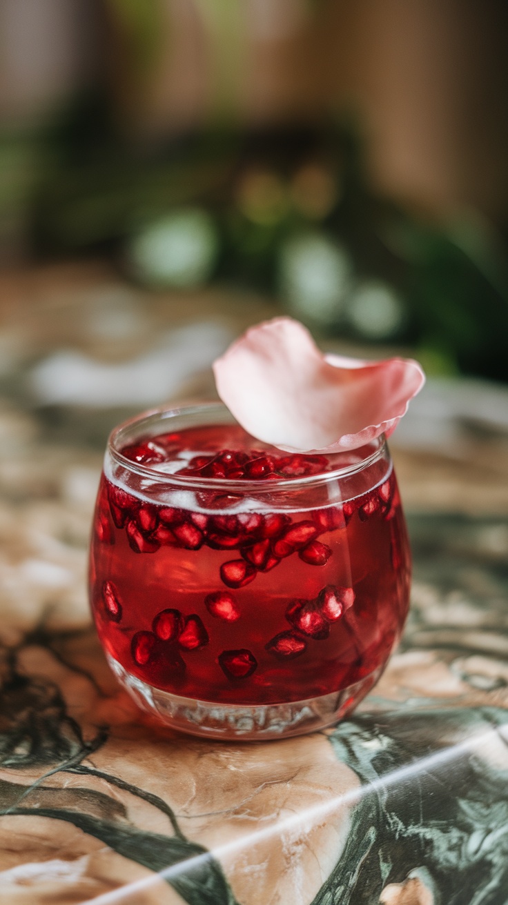 A refreshing Pomegranate Rose Mocktail garnished with rose petals, set against a lovely background.