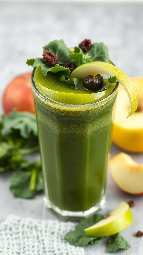A glass of green juice garnished with kale and apple slices, surrounded by fresh fruits.