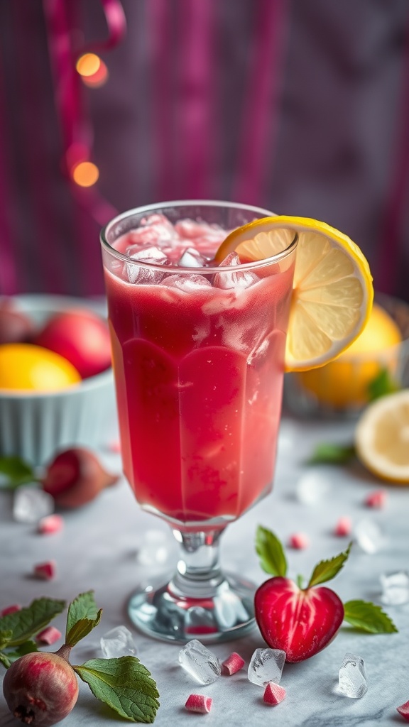 A refreshing pink lemonade mocktail garnished with a lemon slice and strawberries.