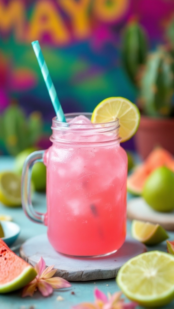 A vibrant pink Prickly Pear Limeade Mocktail in a jar with a lime wedge and straw.
