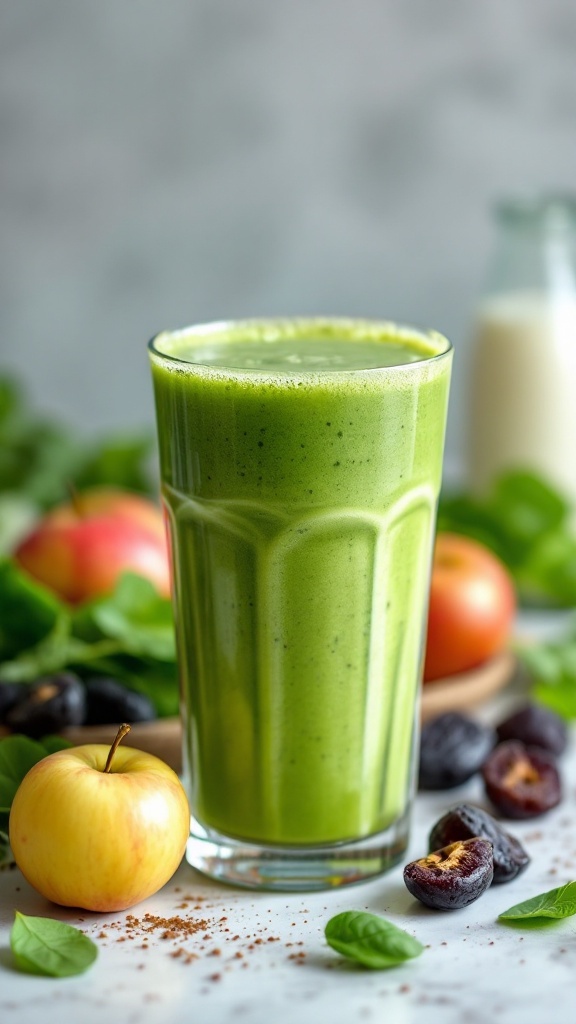 A refreshing glass of green Prune-Apple Spinach Juice surrounded by fresh apples and prunes.