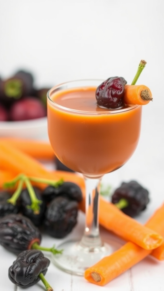 A glass of Prune-Carrot Colon Reset Juice garnished with a carrot stick and a prune, surrounded by fresh carrots and plums.