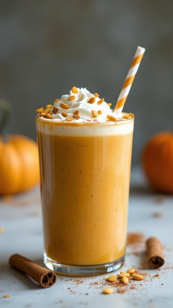 A creamy pumpkin banana smoothie topped with whipped cream and nuts.