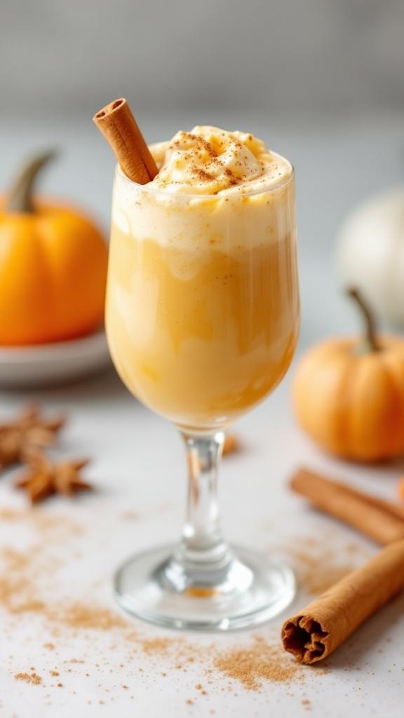 A delicious Pumpkin Pie Mocktail with whipped cream and a cinnamon stick.