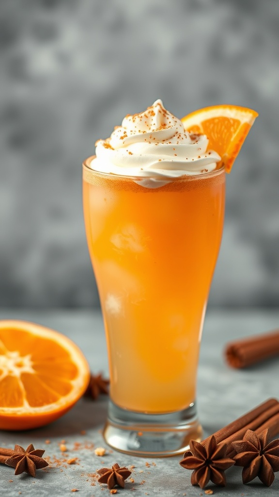 A refreshing Pumpkin Spice Fizz Mocktail topped with whipped cream and garnished with an orange slice.