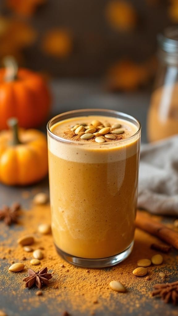 A pumpkin spice smoothie topped with pumpkin seeds, surrounded by autumn decorations.