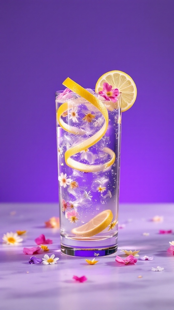 A refreshing Purple Rain Mocktail with lemon and edible flowers on a purple background.