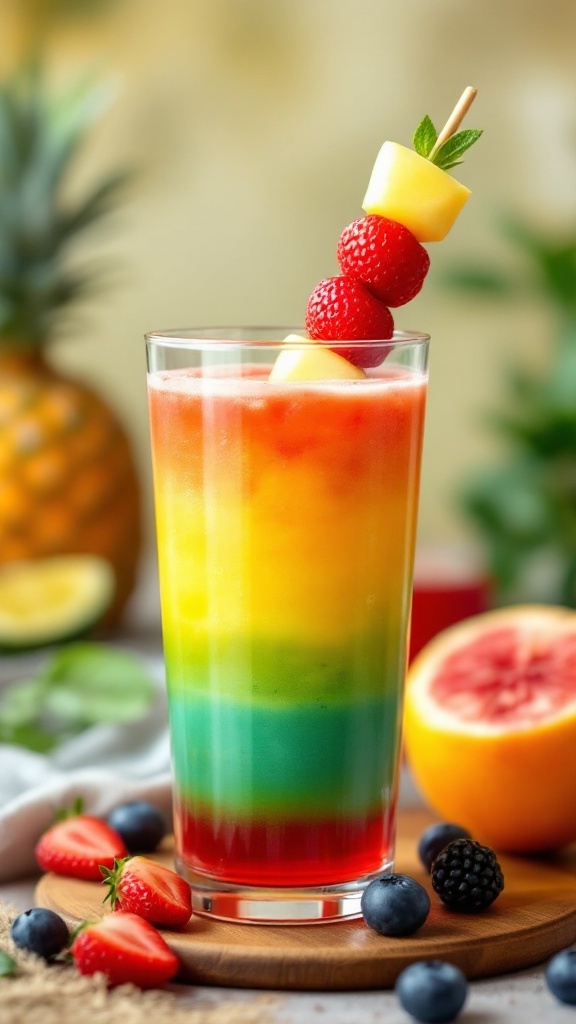 A colorful rainbow fruit punch mocktail served in a glass with a fruit skewer on top.