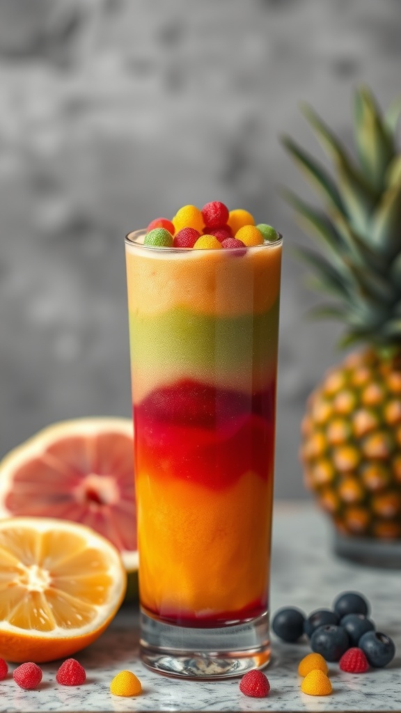 A colorful rainbow mocktail in a tall glass, garnished with candy and surrounded by fruits.