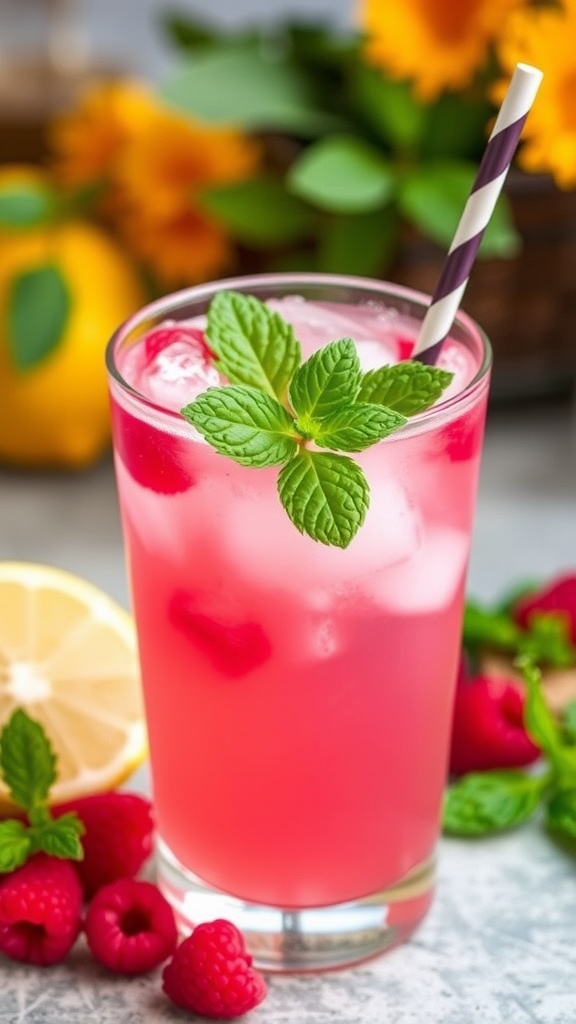 A refreshing raspberry lemonade mocktail served in a glass with fresh raspberries and mint leaves, perfect for the Kentucky Derby.