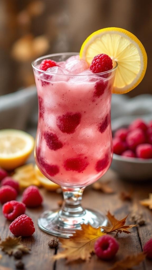 A refreshing raspberry iced tea mocktail garnished with a lemon slice and fresh raspberries.