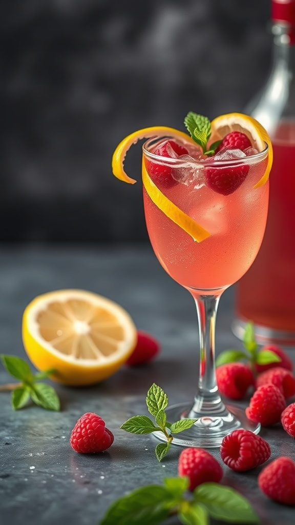 A refreshing Raspberry Lemon Fizz Mocktail garnished with raspberries and lemon slices.