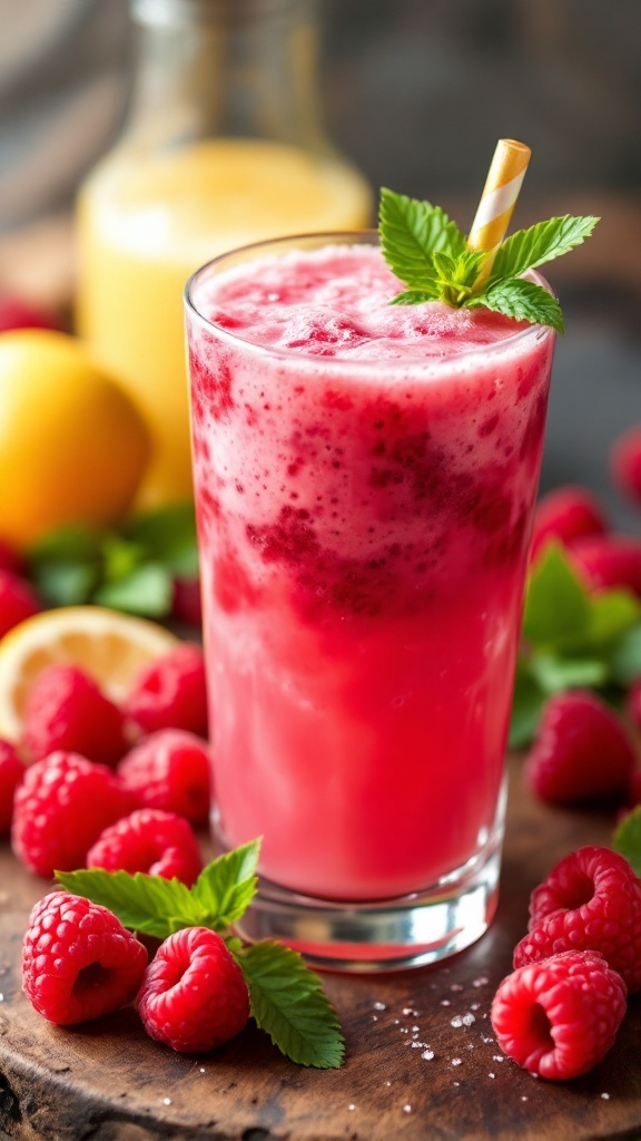A vibrant raspberry lemonade mocktail with mint garnish and fresh raspberries.