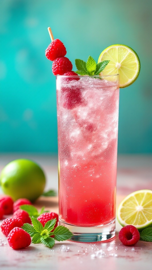 A refreshing Raspberry Lime Fizz Mocktail garnished with mint leaves and fresh raspberries.