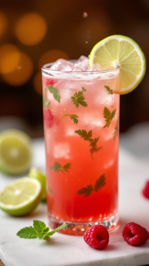 A refreshing Raspberry Limeade Mocktail garnished with mint and lime