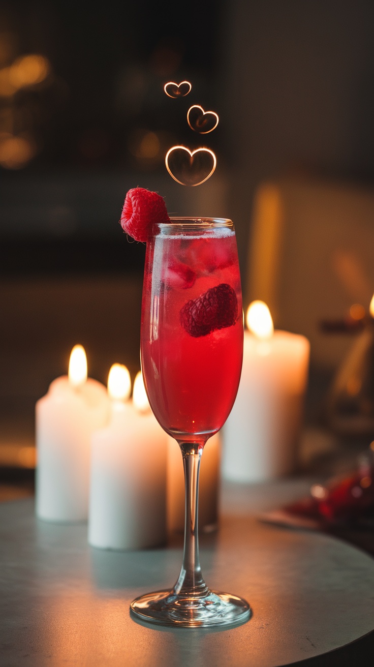 A vibrant Raspberry Love Mocktail in a flute glass, garnished with fresh raspberries, with romantic candlelight in the background.