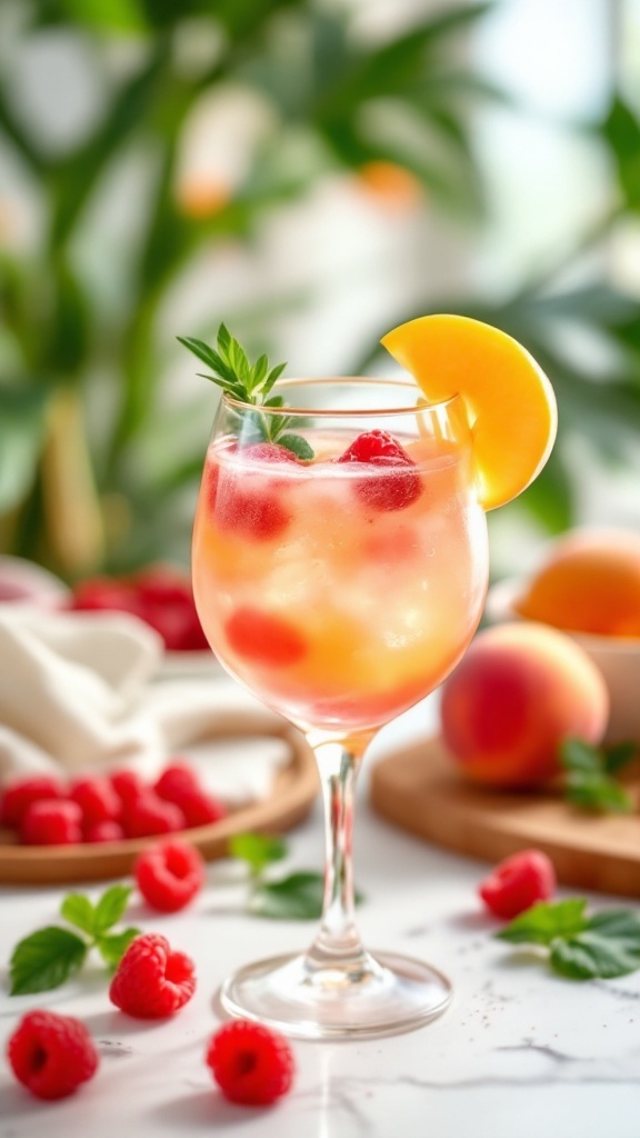 A refreshing Raspberry Peach Fizz Mocktail in a glass, garnished with raspberries and a peach slice, surrounded by fresh fruit.