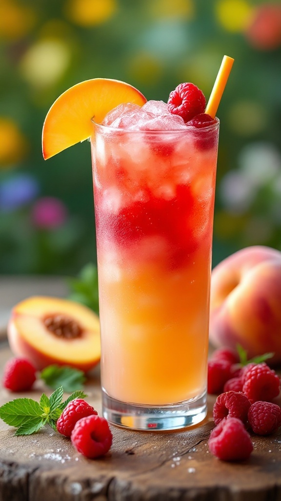 A vibrant Raspberry Peach Mocktail garnished with a peach slice and fresh raspberries