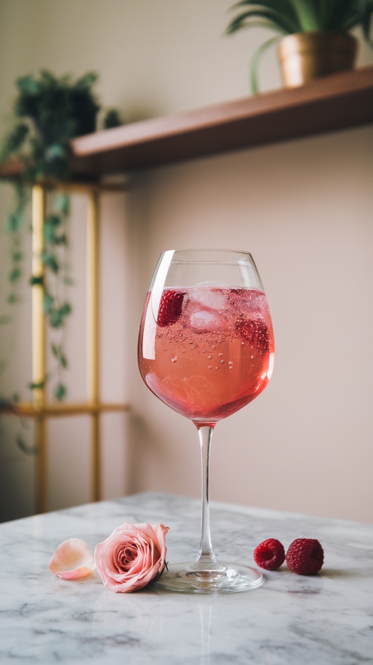 A beautifully garnished Raspberry Rose Spritz Mocktail in a glass, accompanied by fresh raspberries and a pink rose.