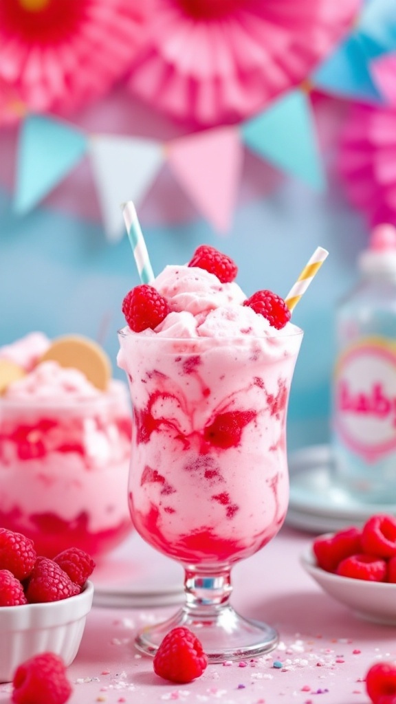 A refreshing Raspberry Sherbet Punch Mocktail with raspberries and colorful decorations.