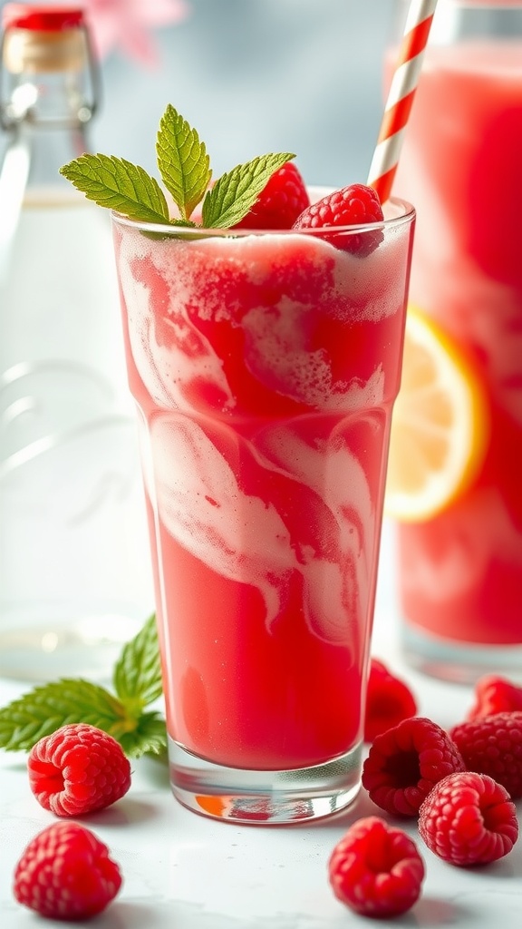 A colorful raspberry sherbet swirl mocktail topped with mint leaves and raspberries.