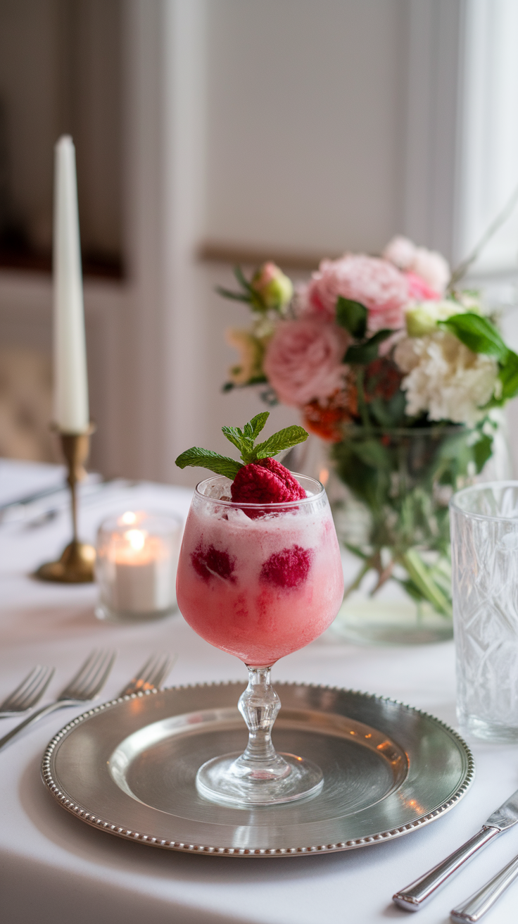 A refreshing Raspberry Sorbet Mocktail garnished with mint leaves, set against a tropical background.