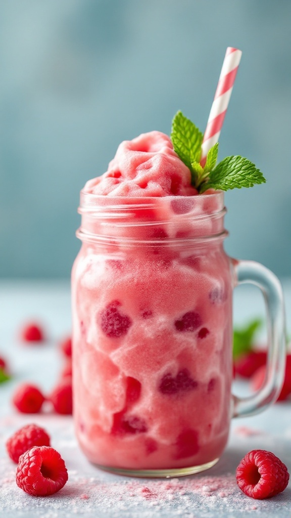 A vibrant Raspberry Watermelon Slush Mocktail topped with mint leaves and a striped straw.